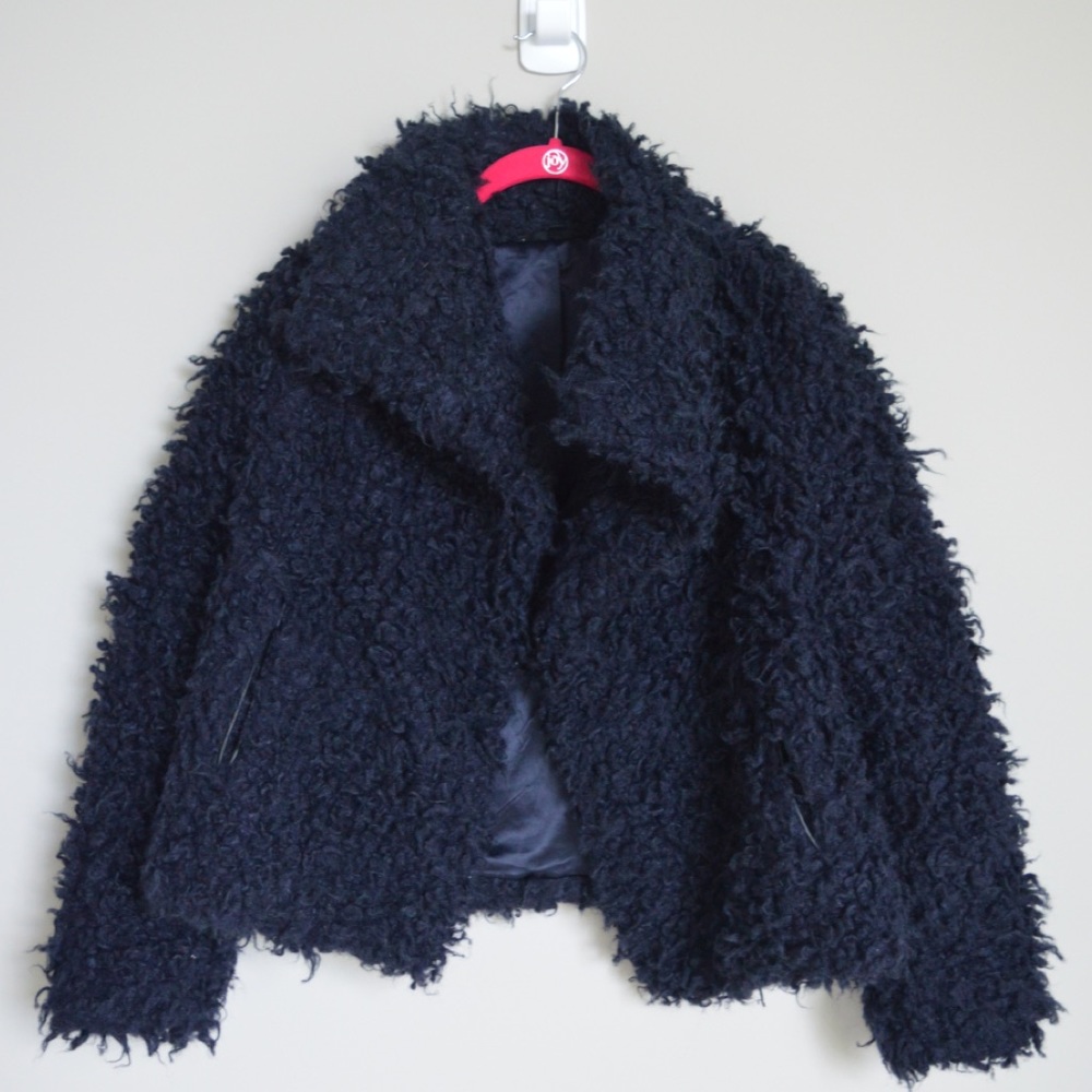 Navy Blue Faux Fur Open Collar Teddy Moto Coat